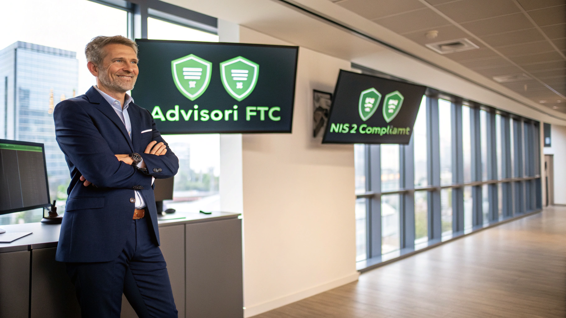 AI generated image by Red Panda AI: Professional portrait of a confident business owner standing in a modern office, wearing a navy business suit, arms crossed with a proud smile. Behind them, multiple monitors display glowing green cybersecurity dashboards with shield icons and 'NIS2 Compliant' status badges. The ADVISORI FTC logo is prominently displayed on the wall, soft natural lighting from floor-to-ceiling windows, depth of field effect.