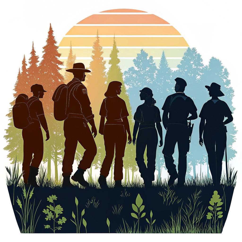 AI generated image by Red Panda AI: la silueta de un grupo de guardaparques, hombres y mujeres, formada por lineas horizontales de diferentes grosores, las lineas deben formar la imagen y ser de difernetes colores siendo los mismos colores de abajo para arriba en degrade de colores vinculados con el agua, la tierra, el bosque y el cielo