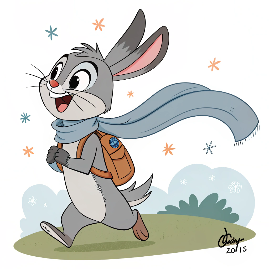 AI generated image by Red Panda AI: A sweet and happy rabbit with gray fur, black eyes, a backpack and a long gray scarf around his neck waving on the back. 
disney chanel or cartoon