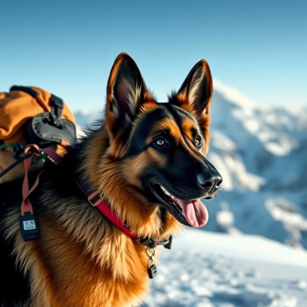 AI generated image by FLUX.1-schnell: German shepherd on mt Everest