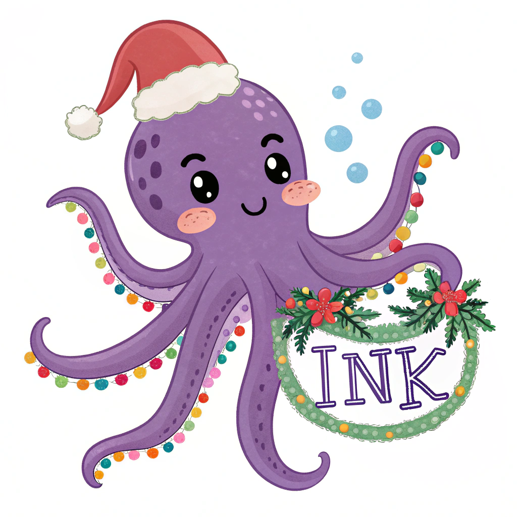 AI generated image by Red Panda AI: Genera una imagen de un Pulpo meme color morado con tematica de navidad y con un logotipo "ink"