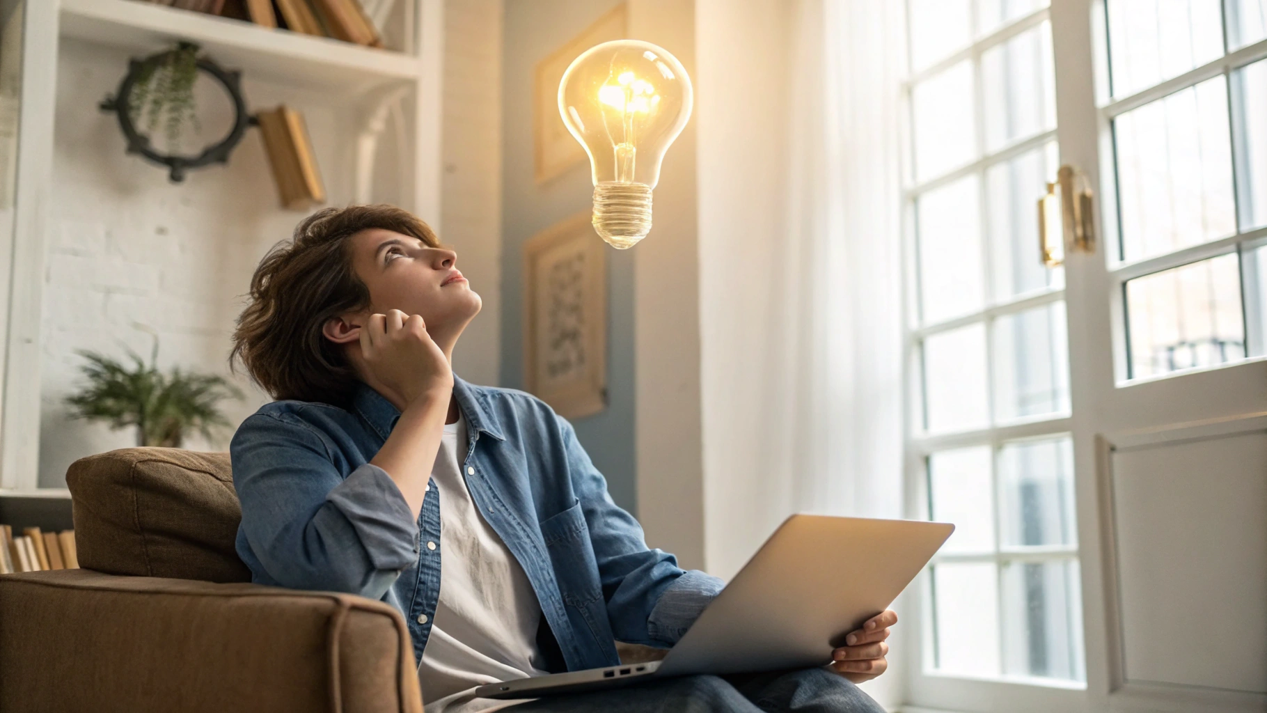 AI generated image by FLUX.1-schnell: A person thinking with a light bulb.