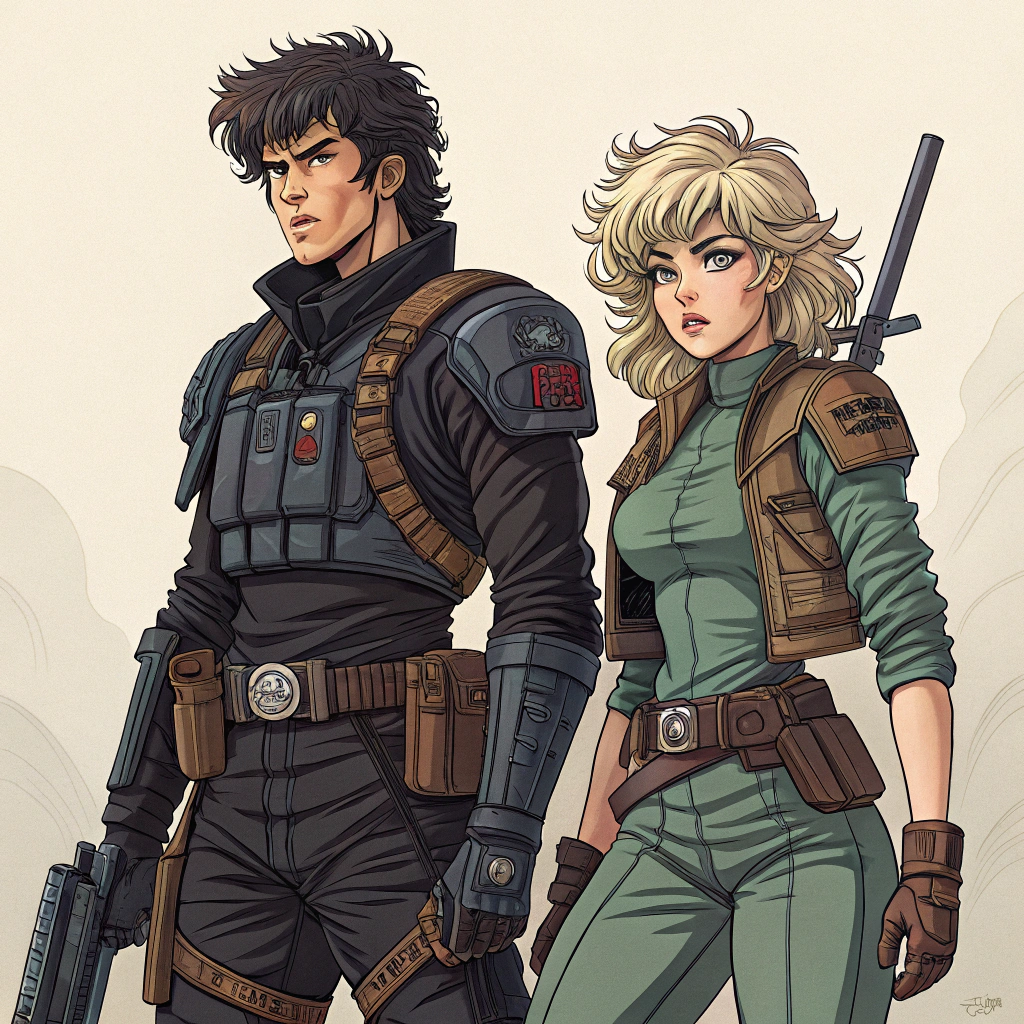 AI generated image by Red Panda AI: deux heros chasseurs de prime, un homme et une femme, dans un style manga eighties vintage avec beaucoup de details en full hd 