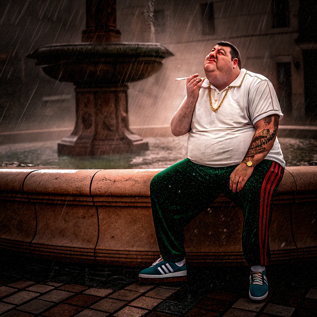 AI generated image by Red Panda AI: Peter Griffin from the TV show Family Guy, a gold chain, a white shirt, and Adidas shoes in the rain. The image is hyper-realistic., and blue shoes. The weather is rainy, and tattoos on one arm., picturesque Gucci tattoo. He is wearing green Adidas track pants with red stripes, smoking a cigarette and sitting on the edge of a fountain. He has a gold chain around his neck with a small, wearing Gucci and Adidas shoes, with a foggy background. The style is hyper-realistic cartoon.