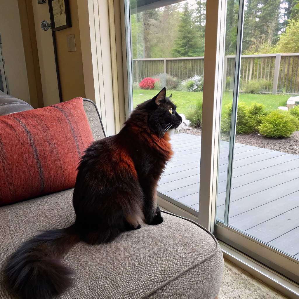 AI generated image by FLUX.1-schnell: L'image doit représenter un chat angora de couleur noire et roux. Le chat est assis à l'angle du canapé en train de regarder la terrasse à travers la baie vitrée. 
