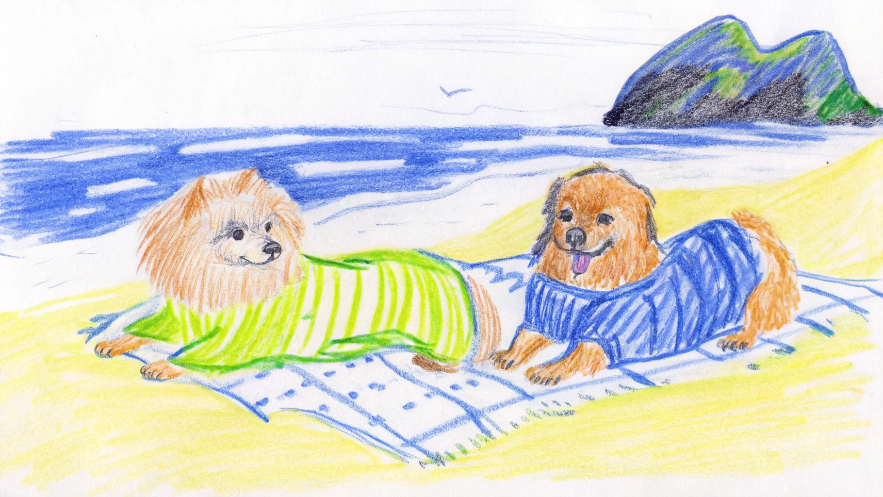AI generated image by Red Panda AI: un pomerania y un teckel en la playa en unas amacas con camisetas en la playa en rio de janeiro