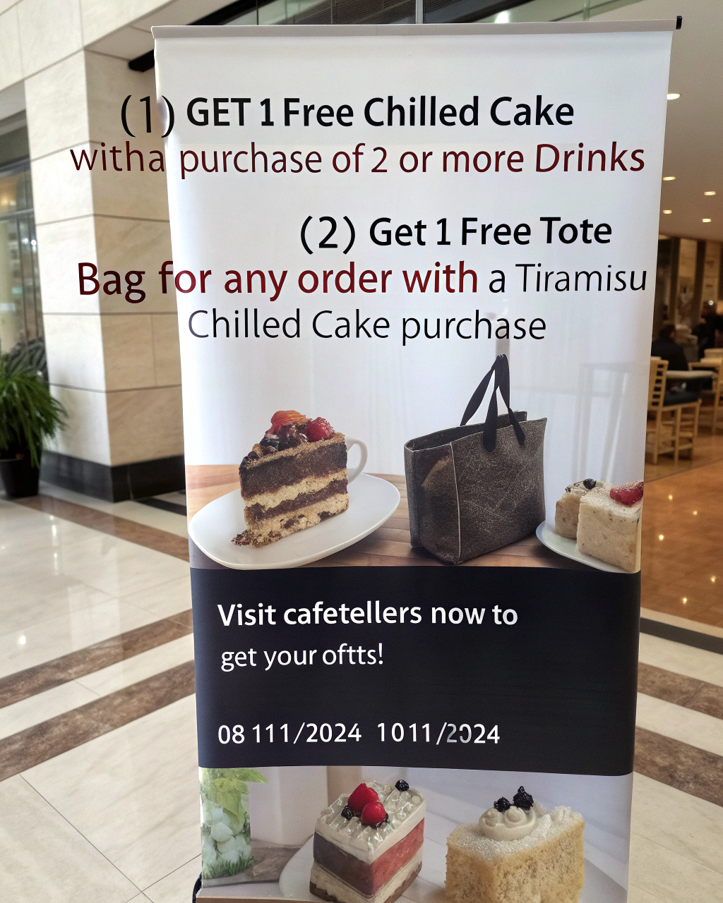 AI generated image by Red Panda AI: Design a promotional banner for Cafetellers with a modern, simple, and sophisticated style, using the brand color palette: #16121c, #a2866c, #bcb9ad, #c28359, #654b3f, #b30216. The promotion includes: (1) Get 1 free chilled cake with a purchase of 2 or more drinks, and (2) Get 1 free tote bag for any order with a Tiramisu chilled cake purchase. The promotion runs from 08/11/2024 to 10/11/2024. The banner should feature appetizing images of cakes, stylish tote bags, and bold, clear text highlighting the offers. Include the Cafetellers logo, partner logo, and a call to action such as ‘Visit Cafetellers now to get your gifts!