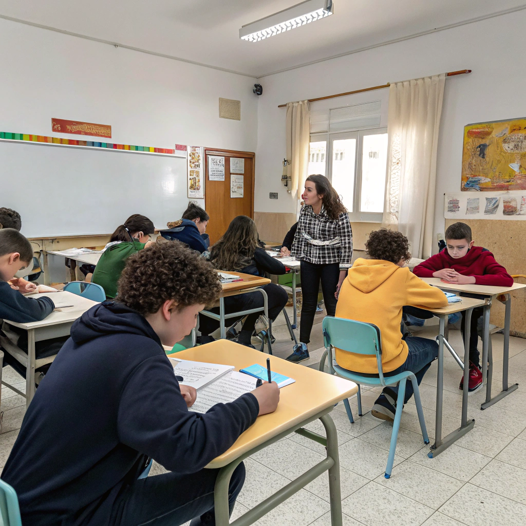 AI generated image by Red Panda AI: Crea una imagen realista de un aula de alumnado de 18 años con 21 personas de diversidad cultural y diversidad funcional en Alaquàs Valencia incluyendo la persona docente en un ambiente acogedor y que fomente la participación.

