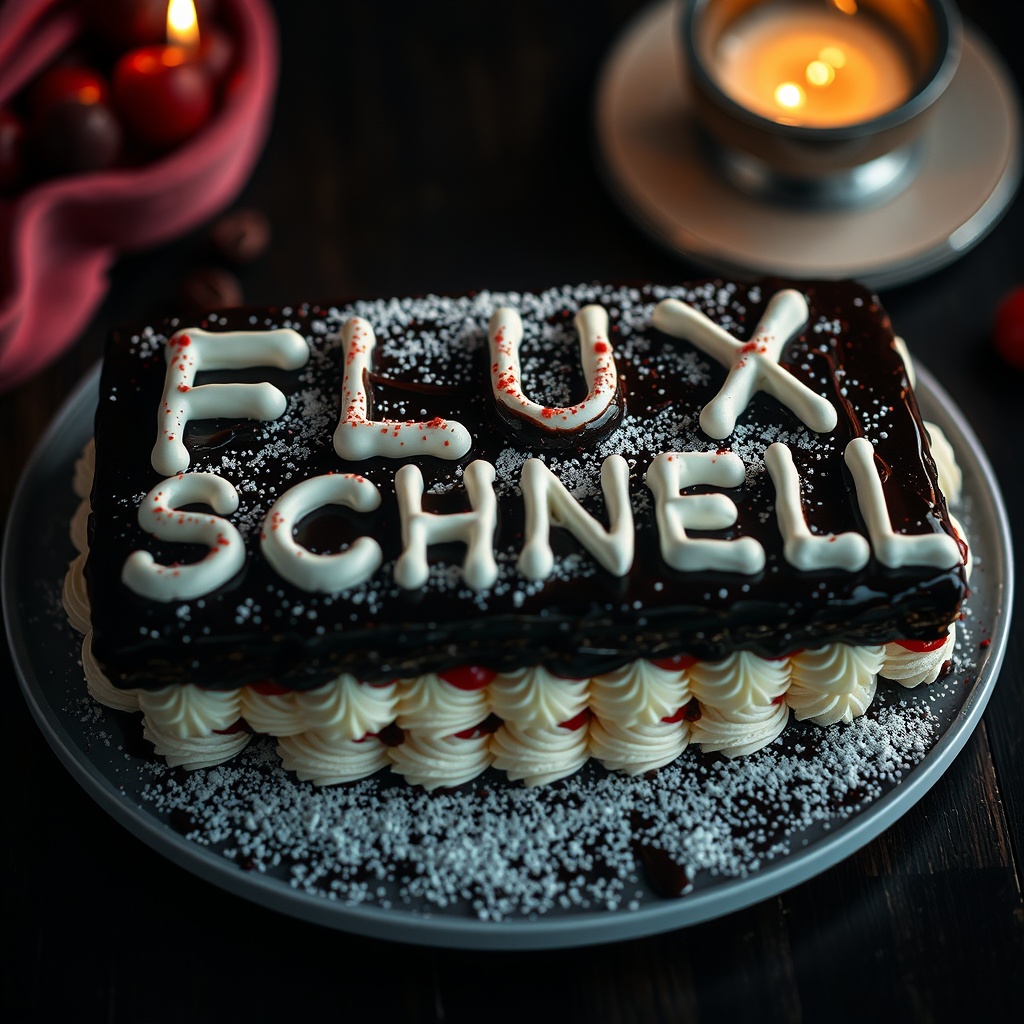 AI generated image by FLUX.1-schnell: black forest gateau cake spelling out the words "FLUX SCHNELL", tasty, food photography, dynamic shot