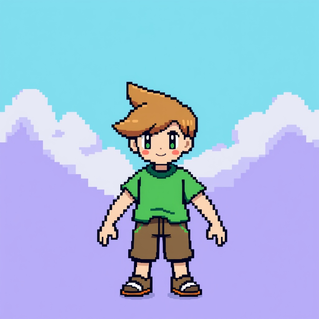 AI generated image by FLUX.1-schnell: pixel art pokemon trainer in-game sprite of a boy with light brown hair