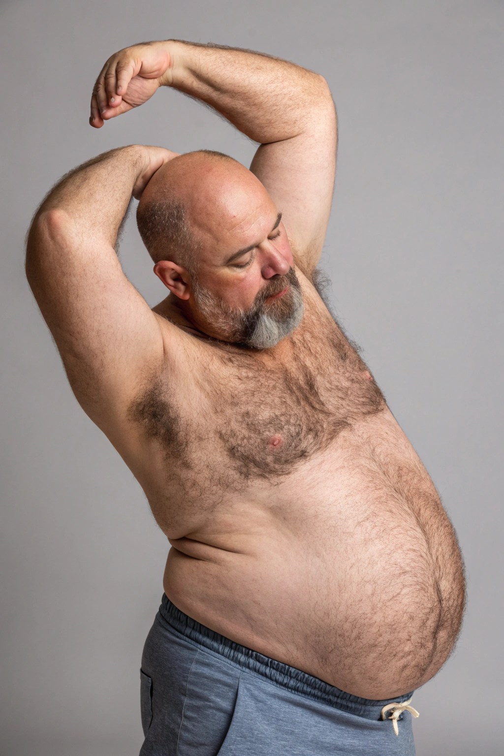 AI generated image by Red Panda AI: a studio shot of a bulky and slightly overweight 50 year old hirsute dad stretching. Man has heavy amount of body hair, hairy chest pattern, expanding his bloated heavy bearded-belly, bald head, brown and white goatee