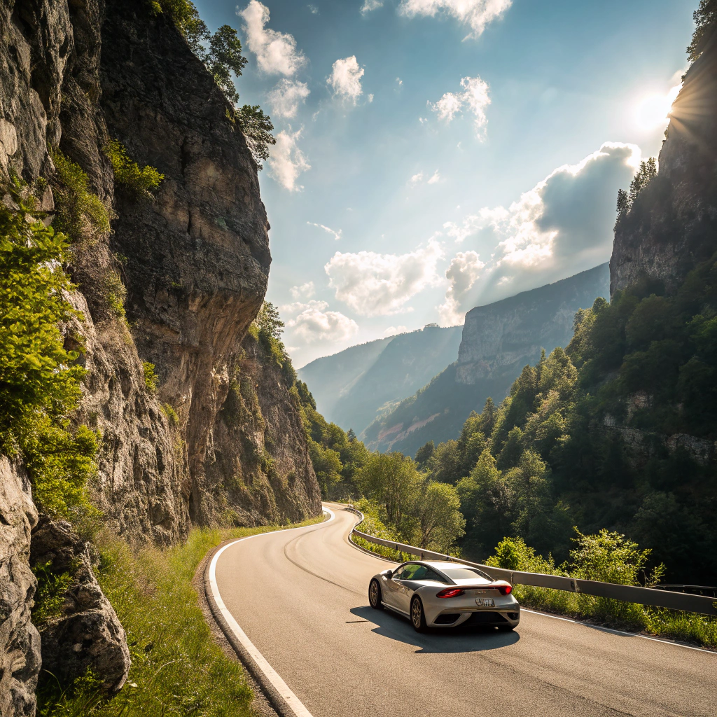 AI generated image by Red Panda AI: Ein Sportwagen, welcher gerade eine enge Passstrasse passiert. Das ganze passiert an einem sonnigen Sommertag