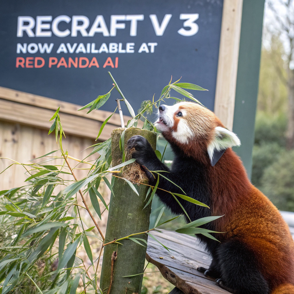 AI generated image by Red Panda AI: a red panda eating a bamboo in front of a poster that says "recraft V3 now available at red panda ai