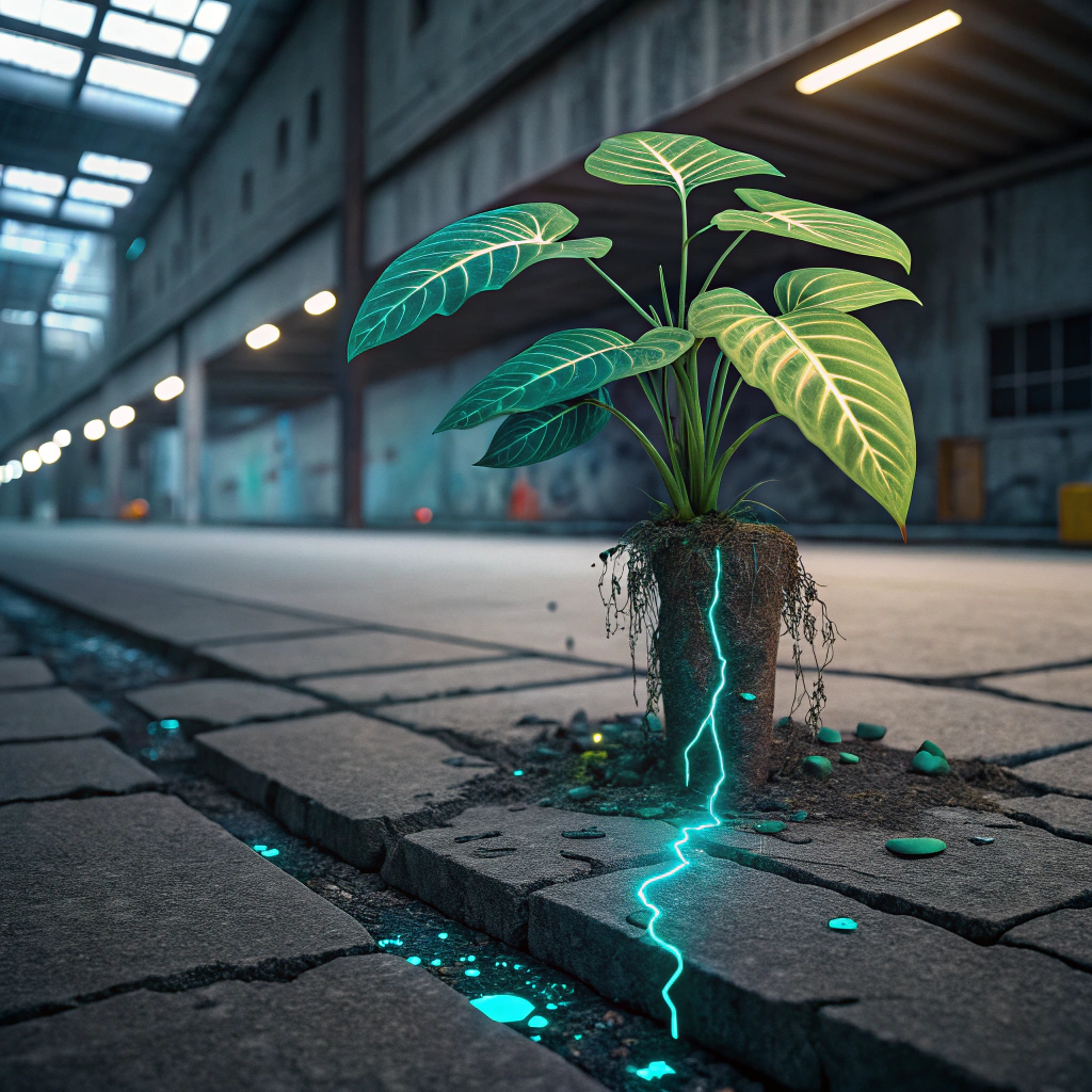 AI generated image by Red Panda AI: Midjourney提示词：  
"Hyperrealistic tropical plant growing through cracked urban concrete,  
neon bioluminescent sap dripping,  
4k octane render,  
cyberpunk greenhouse background,  
volumetric lighting,  
scientific diagram overlay"