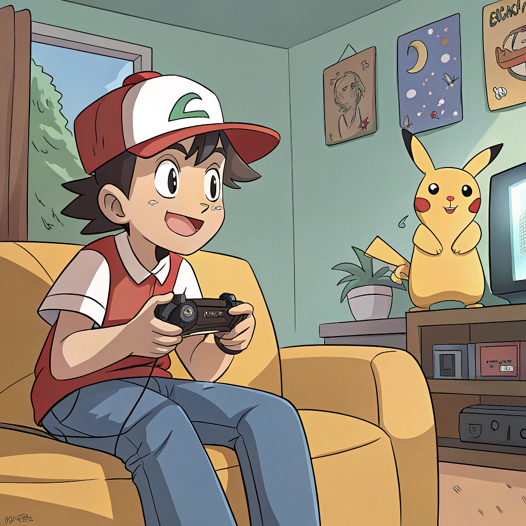 AI generated image by Red Panda AI: chico gamer, mando de la play en las manos, sentado en el sofa, ilustración estilo pokemon