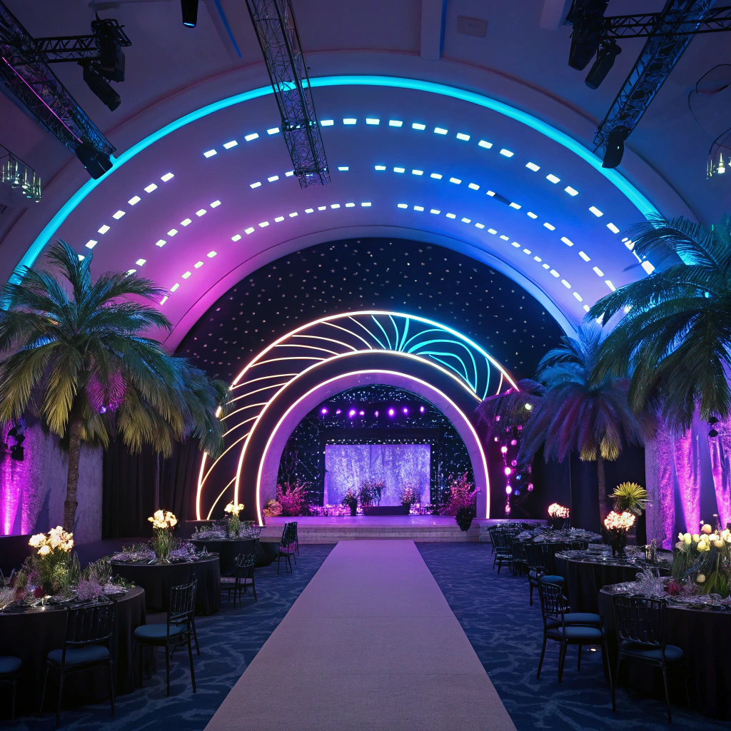 AI generated image by Red Panda AI: Create a vivid scene of a matric dance in a proscenium arch hall with the theme 'Nighttime in Ibiza.' The hall features a dramatic stage framed by a modern arch with neon accents, lined with LED lights glowing in shades of blue, pink, and purple. The ceiling is lit with star-like projections and moving lights resembling a summer Ibiza night sky. The hall is decorated with tropical elements: large palm leaves, vibrant flowers, and subtle gold and white accents. The tables are sleek with black or navy linens, surrounded by illuminated chairs, and topped with centerpieces of candles, glass ornaments, and mini LED lights. A central dance floor is vibrant and surrounded by light beams, with a DJ booth at one end featuring a stylish neon sign that reads 'Ibiza Nights.' The atmosphere exudes a chic and energetic vibe, with a blend of party and elegance