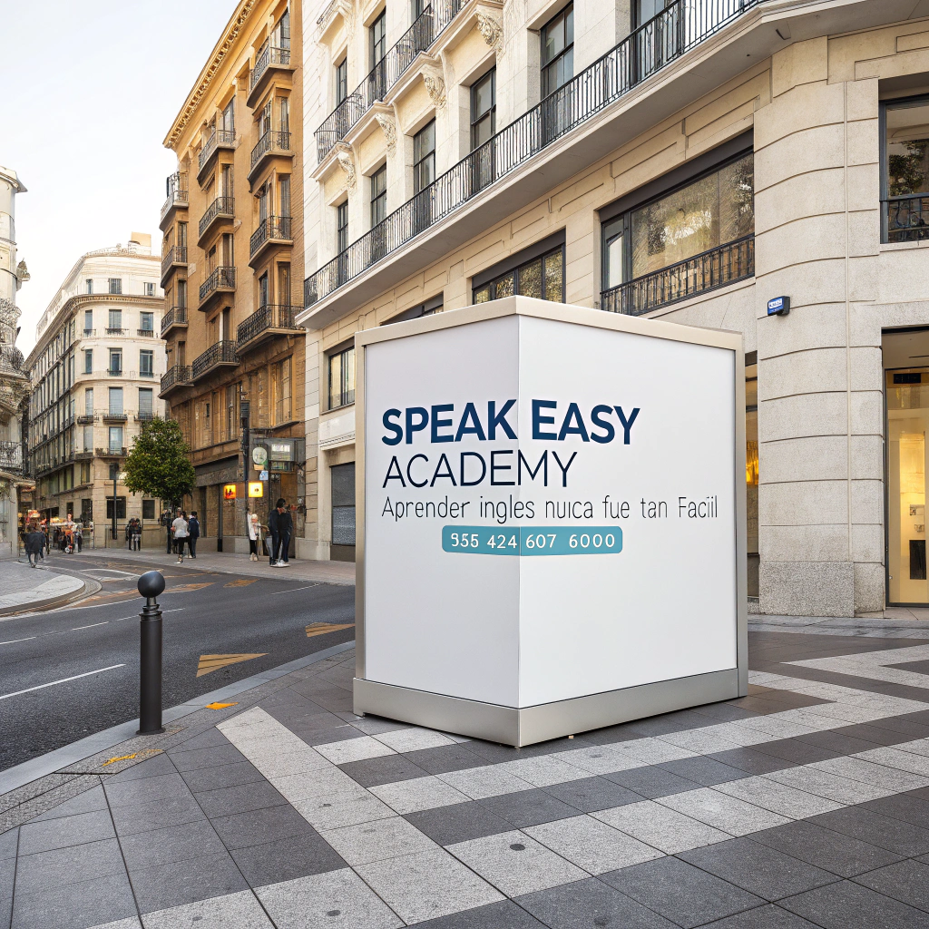 AI generated image by Red Panda AI: Crea una imagen publicitaria para una academia de inglés virtual llamada "Speak Easy Academy". La imagen debe incluir un pequeño cubo en 3D de color blanco, situado en segundo piso de la esquina de un edificio cosmopolita. Esto permitirá que cualquier transeúnte desde la calle lo vea desde cualquier esquina fácilmente al mirar en diagonal. El nombre de la academia, el eslogan "Aprender Inglés nunca fue tan fácil", y el número de contacto, + 58 424 607 6000, deben estar en color celeste sobre el cubo blanco en 3D.