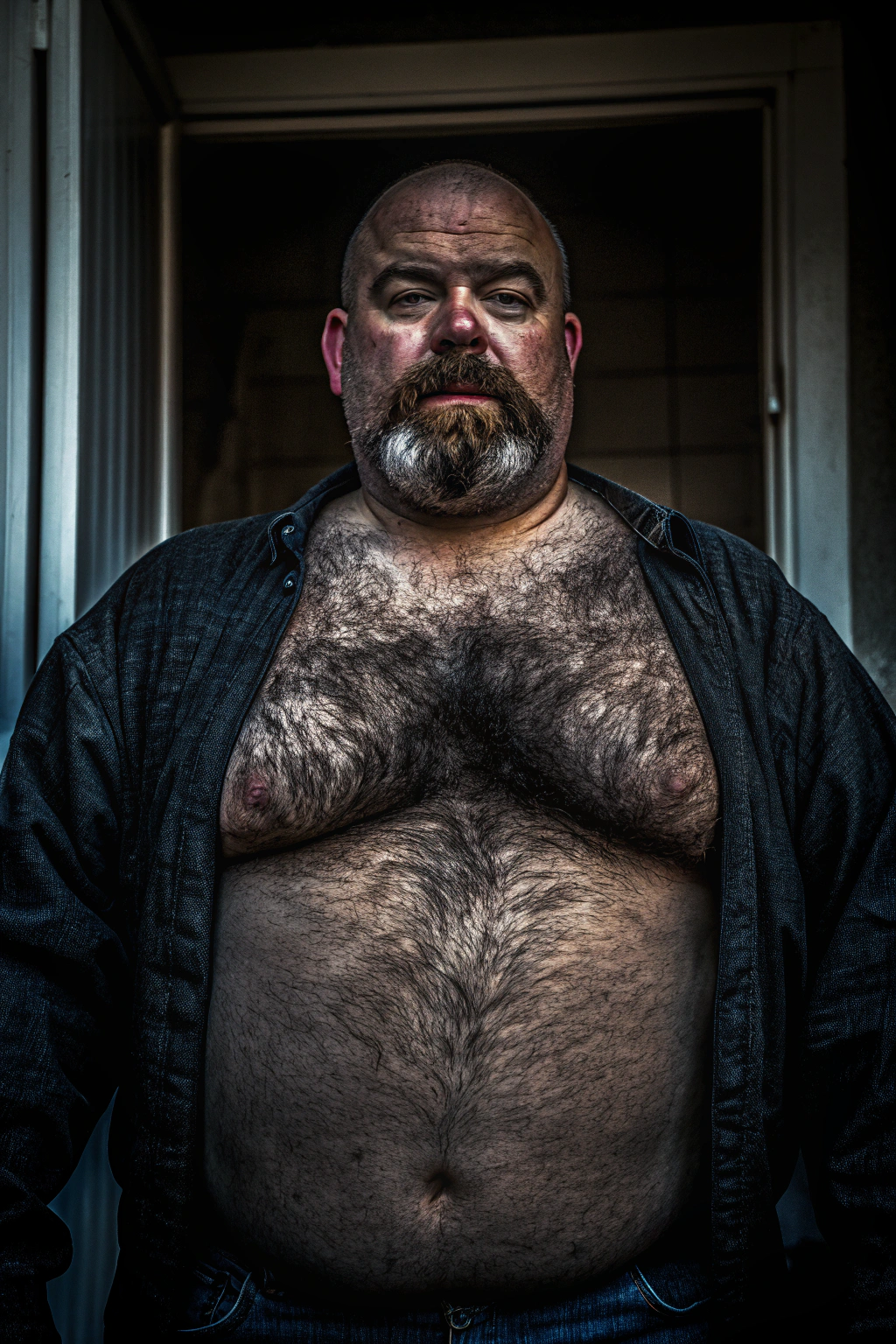 AI generated image by Red Panda AI: a studio photo of a slightly overweight 50 year old hirsute man. Man has heavy amount of body hair, hairy chest pattern, expanding his bloated heavy bearded-belly, bald head, brown and white goatee