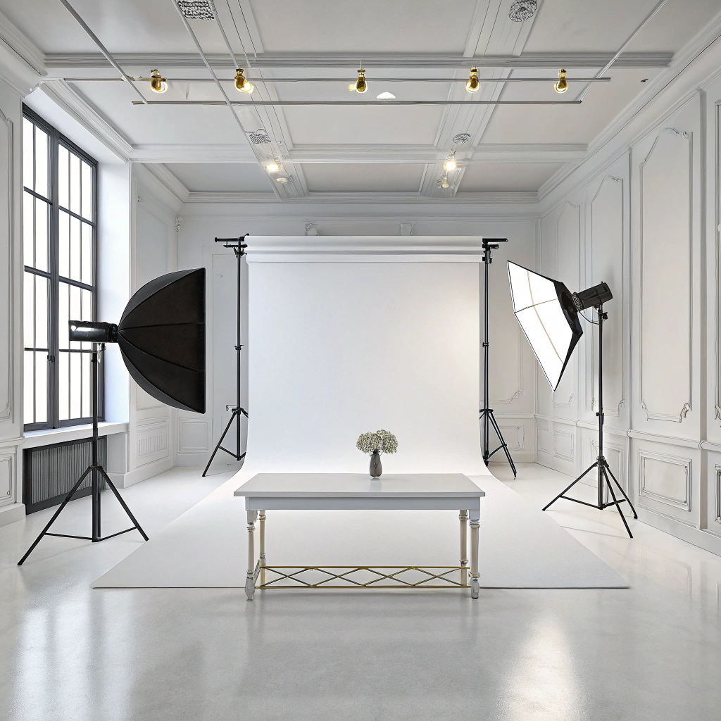 AI generated image by Red Panda AI: Generate a realistic, high-quality studio background with a pure white backdrop and a clean, minimalistic aesthetic. The lighting should be soft and evenly distributed to avoid harsh shadows, with subtle gradients in brightness to add depth without distracting from the central subject area. A simple, slightly reflective tabletop is positioned in the foreground, with a smooth, polished surface that enhances the professional studio look. The tabletop should have a faint, natural reflection under where objects would be placed, adding a touch of realism. Ensure the white background is seamless, extending uniformly to the edges, with no visible lines or textures. The overall effect should be an inviting, professional setup, ideal for highlighting luxury products in a modern, sophisticated setting.