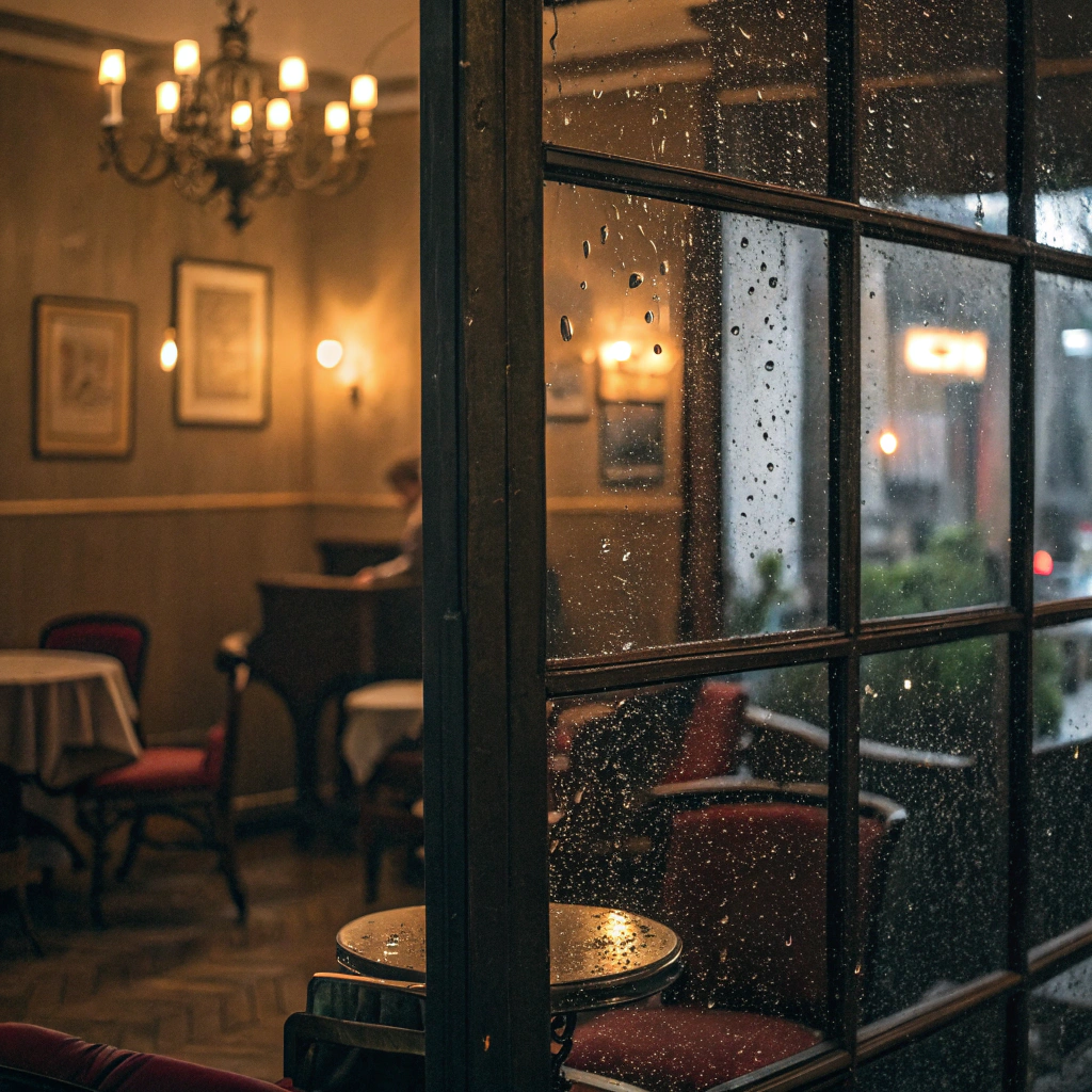 AI generated image by Red Panda AI: A photographic work with an atmosphere where it rains outside the window and you can feel jazz sensibility. Music album cover image.