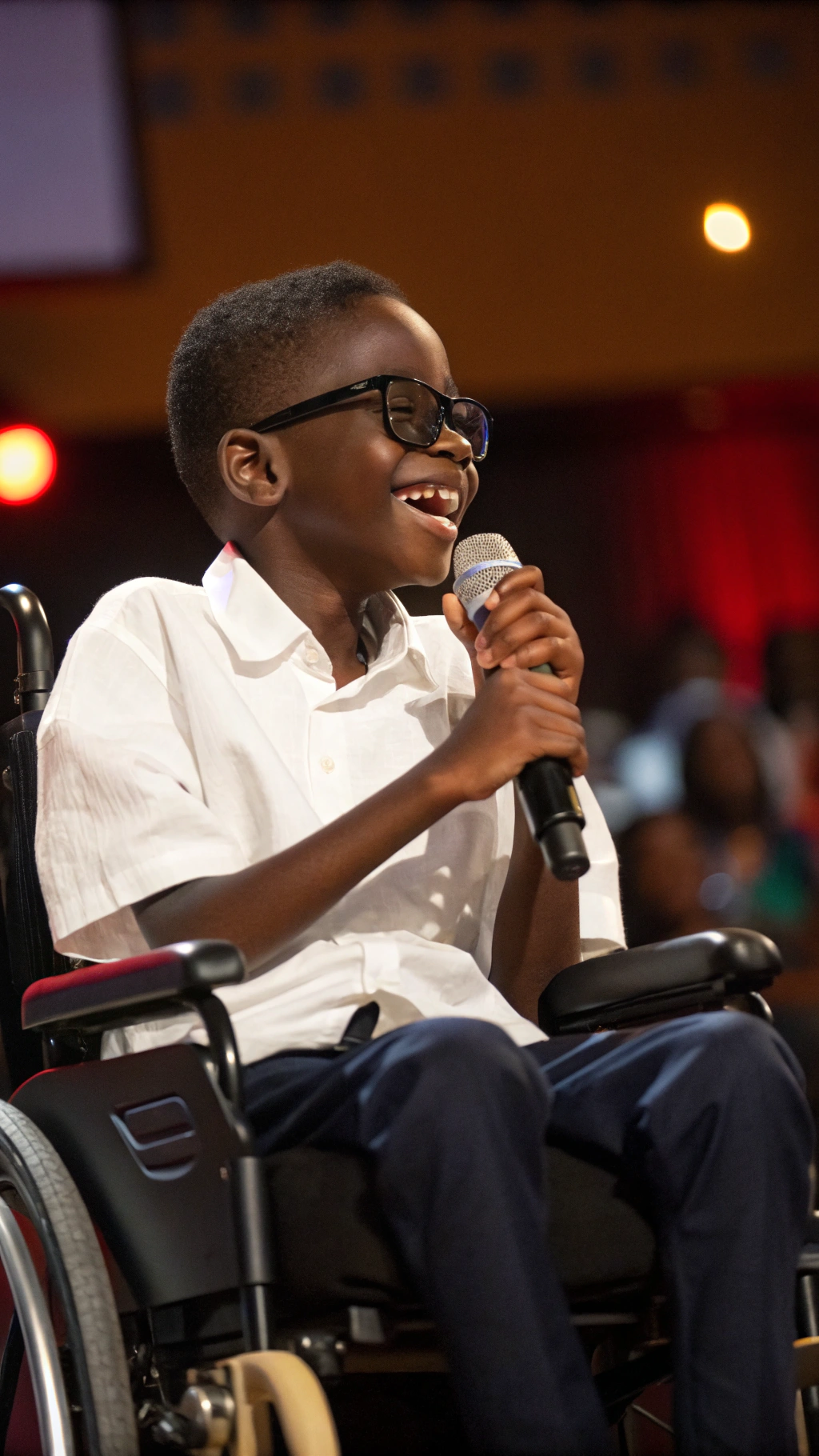 AI generated image by Red Panda AI: "Un niño africano ciego, de piel oscura y cabello corto, sentado en una silla de ruedas moderna. Sostiene un micrófono con firmeza en su mano derecha, mientras transmite confianza y alegría. Lleva una camisa blanca de algodón y pantalones oscuros, con un diseño limpio y bien cuidado. Sus gafas oscuras reflejan su ceguera, y su sonrisa ilumina la escena. El fondo es un escenario en tonos cálidos, con luces suaves resaltando los detalles de su rostro y la textura de su piel. El entorno incluye un público borroso al fondo, creando una atmósfera inclusiva y emotiva. Renderizado en 8K, con iluminación cinematográfica y un enfoque que resalta la fuerza y resiliencia del niño."