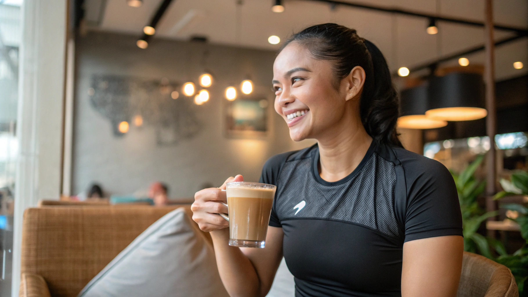 AI generated image by Red Panda AI: a beautiful Indonesian woman wearing a tight fitness t-shirt, full body sitting in a cafe smiling while holding a clear glass cup containing brown late coffee