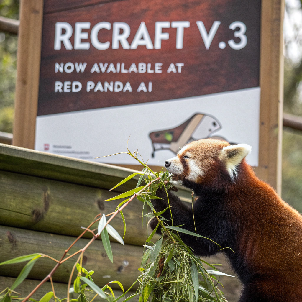 AI generated image by Red Panda AI: a red panda eating a bamboo in front of a poster that says "recraft V3 now available at red panda ai