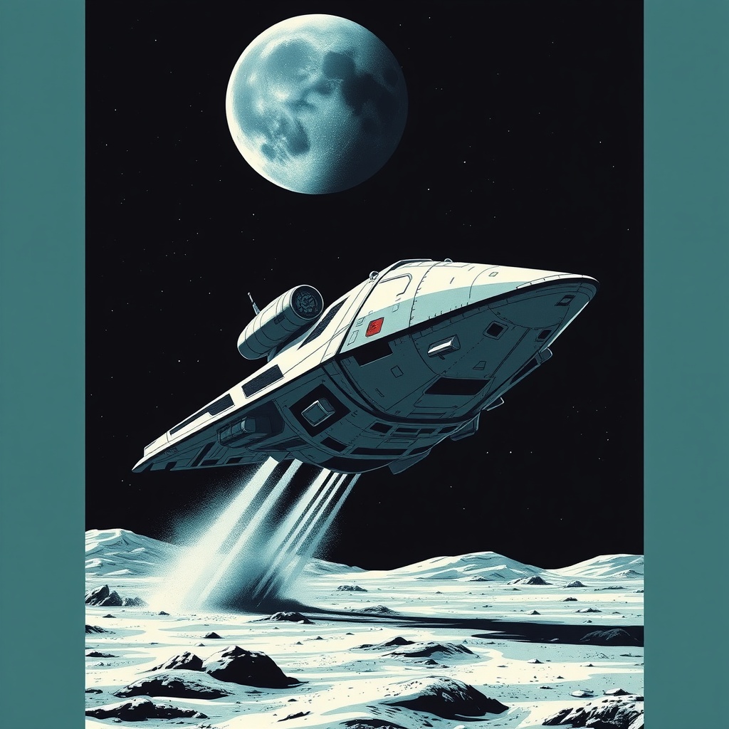 AI generated image by FLUX.1-schnell: A spaceship landing on the moon