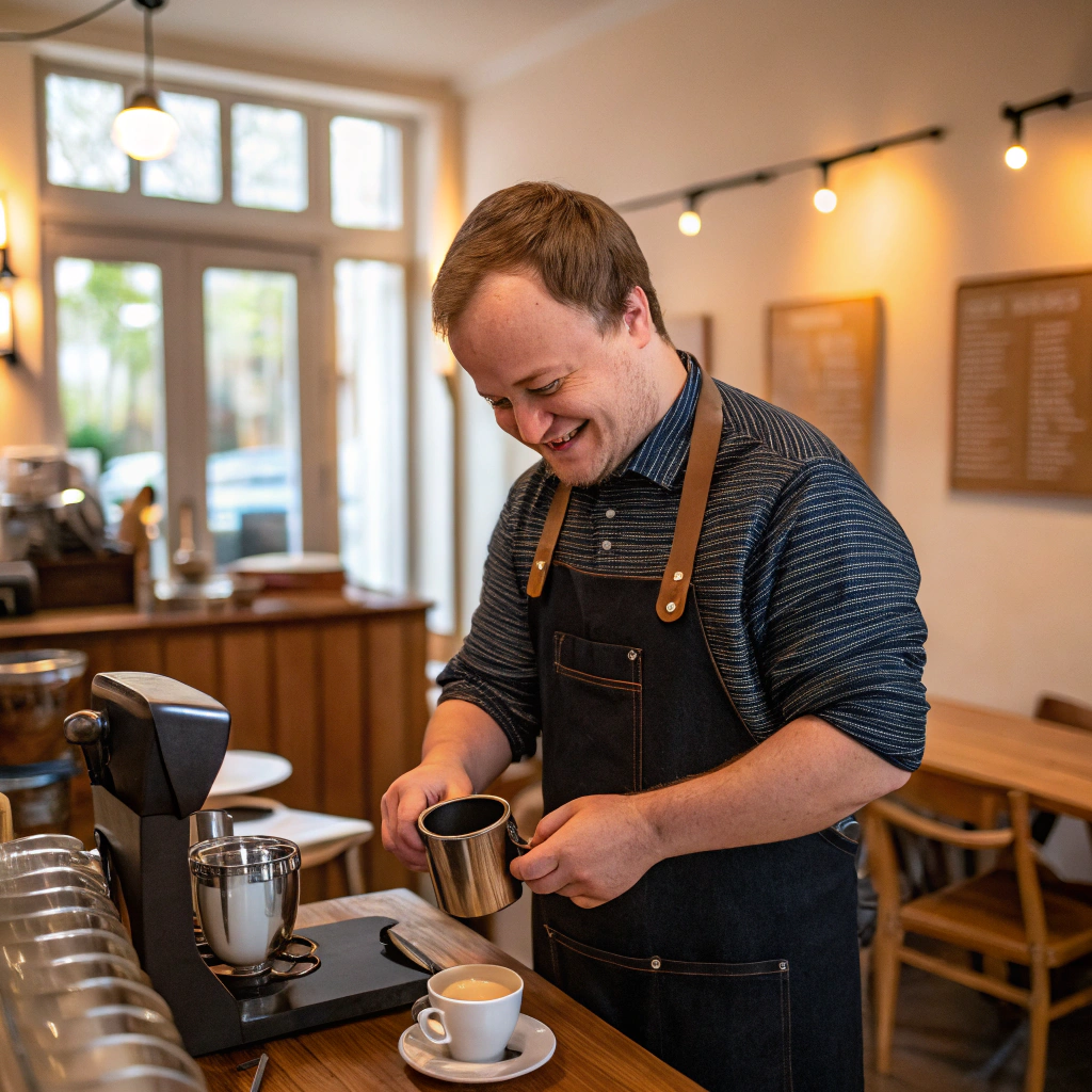 AI generated image by Red Panda AI: waiter with down syndrome making coffee