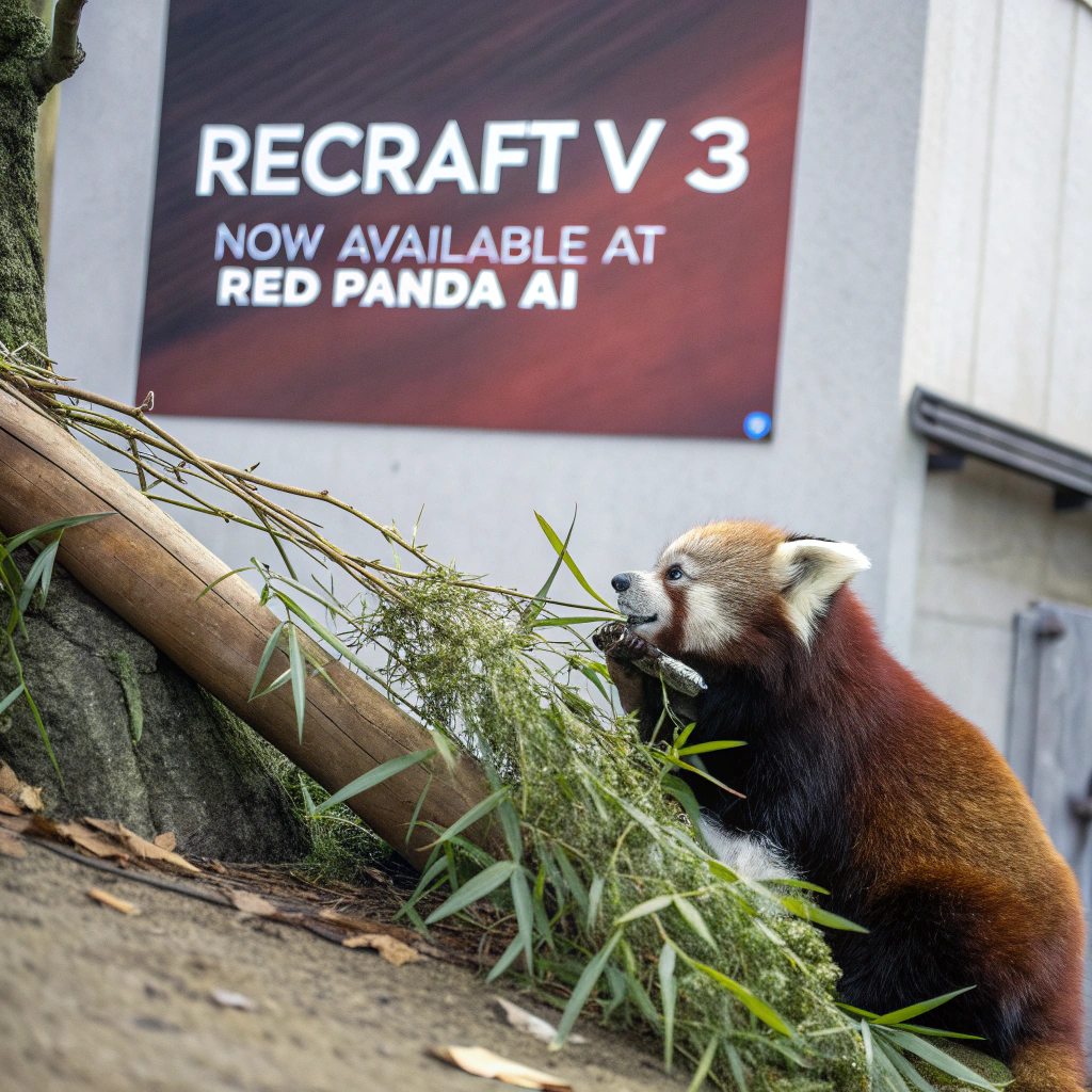 AI generated image by Red Panda AI: a red panda eating a bamboo in front of a poster that says "recraft V3 now available at red panda ai