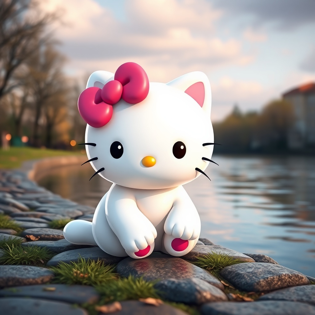 AI generated image by FLUX.1-schnell: a hellokitty sitting by the river