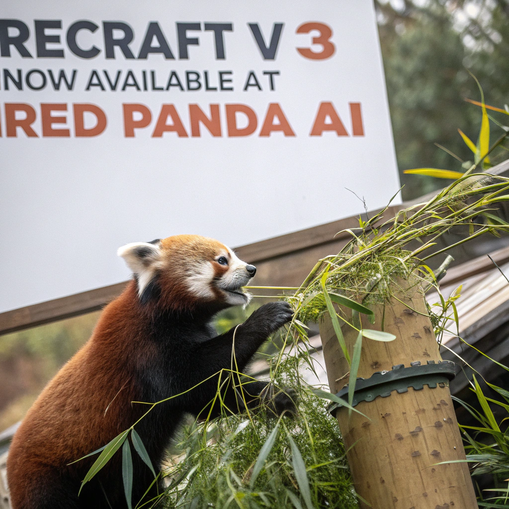 AI generated image by Red Panda AI: a red panda eating a bamboo in front of a poster that says "recraft V3 now available at red panda ai