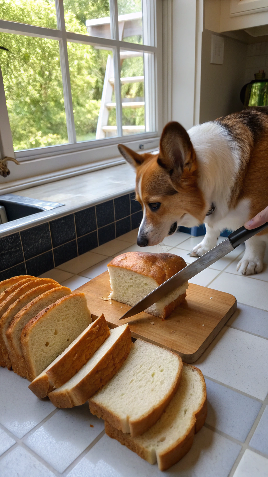 AI generated image by Red Panda AI: real life iphone photo of a corgi using its front paw to hold a bread knife, and cutting into a solid loaf of American bread. Next to the solid loaf of bread are several slices of bread. Scene is a suburban American kitchen during the day.