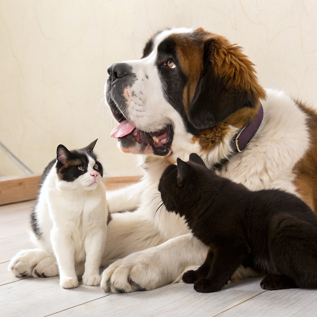 AI generated image by Red Panda AI: 1 Saint Bernard dog With a 1 White cat and 2 black cats 