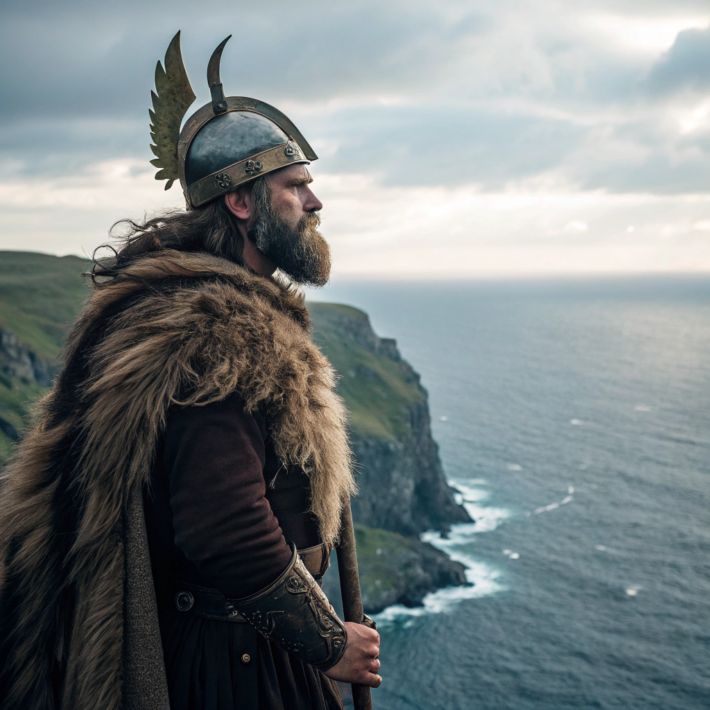 AI generated image by FLUX.1-schnell: a hairy viking looking at the sea