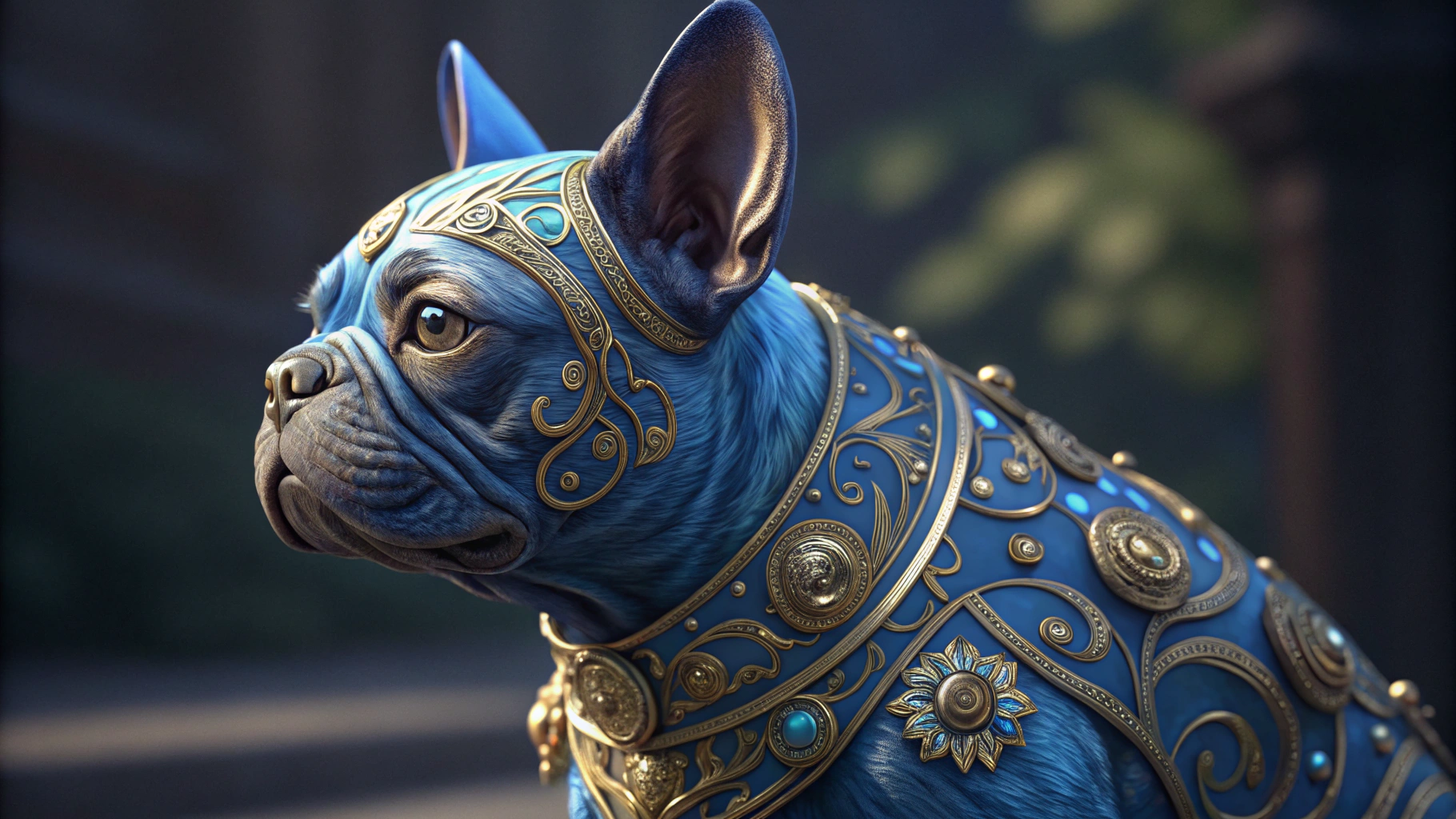 AI generated image by Red Panda AI: gorgeous stunning bejeweled angelic zen royal blue mechanical frenchbulldog hybrid, calm, mystical, wise, made of rich dream fantasy, flowing swirling colors, alice in wonderland feel, highly intricate detailed design, trending on artstation, sharp focus, studio shot, intricate detail, highly detailed, by WLOP, trending on artstation, sharp focus, studio shot, intricate detail, highly detailed