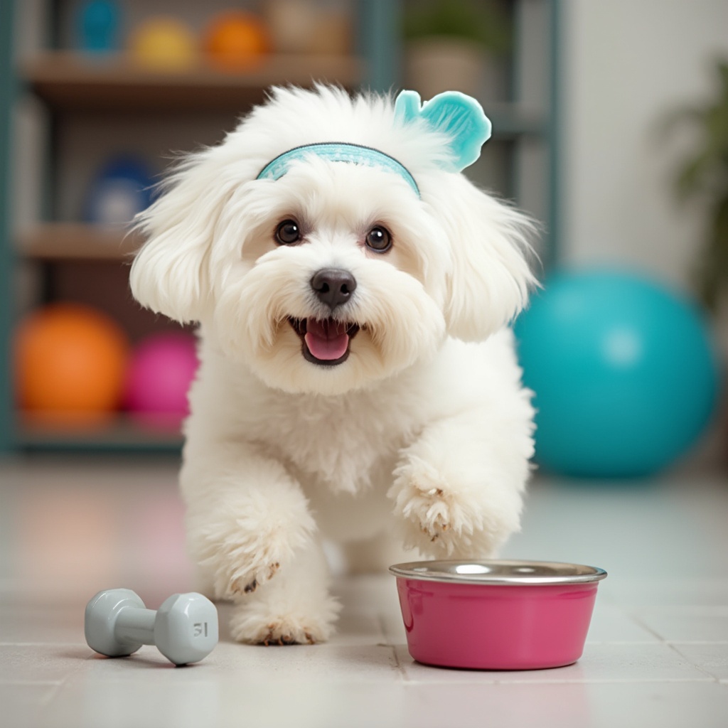 AI generated image by FLUX-Realism-Lora: Main Subject: A white Bichon dog exercising.

I emphasized that the Bichon is wearing a sporty headband on its forehead, adding a fun, workout vibe to the scene.
Props: Small dumbbell and food bowl in front of the dog.

These props reinforce the workout concept, suggesting that the Bichon is in the middle of a playful exercise session.
Background: A home gym-like setting.

The image is set to be bright and cheerful, with the fluffy white fur of the Bichon standing out against the colorful workout props for better contrast and focus.
