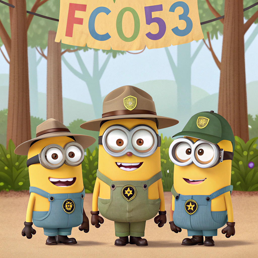 AI generated image by FLUX.1-schnell: "Create an image of the three main minions, Kevin, Stuart, and Bob, dressed in Australian Scout uniforms. Kevin should be tall with two eyes, Stuart medium-height with one eye, and Bob shorter with two eyes. Each minion is wearing a traditional Australian Scout uniform with badges, neckerchiefs, and the recognizable scout hat. Behind them, a colorful banner reads 'FC053' in bold, friendly letters. The scene is cheerful and set outdoors, with a soft Australian bushland background."