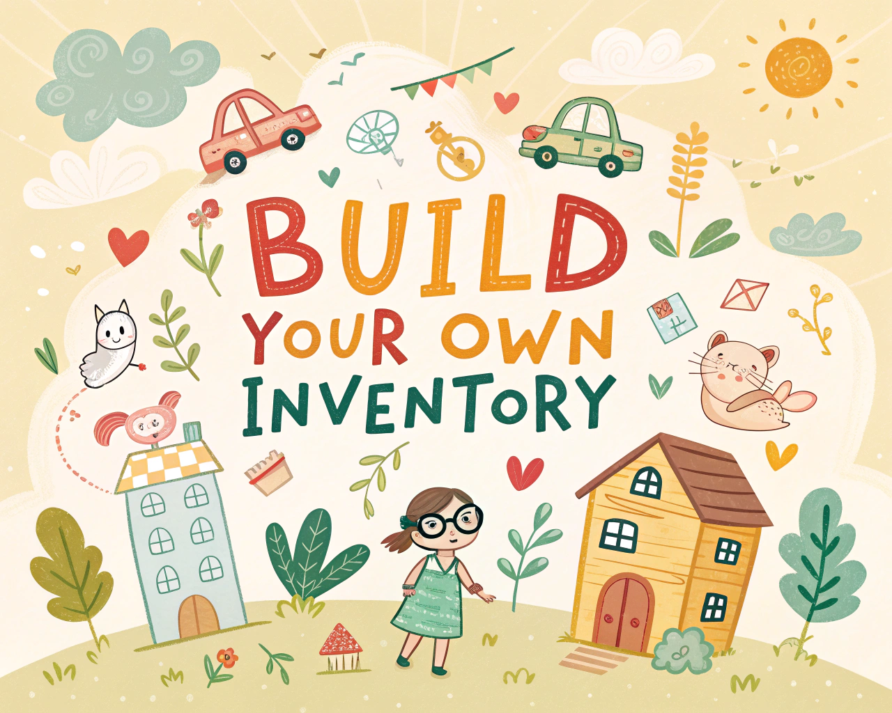 AI generated image by Red Panda AI: a poster for a children's workshop called "build your own inventory", with cute drawings of animals, buildings, cars, etc.