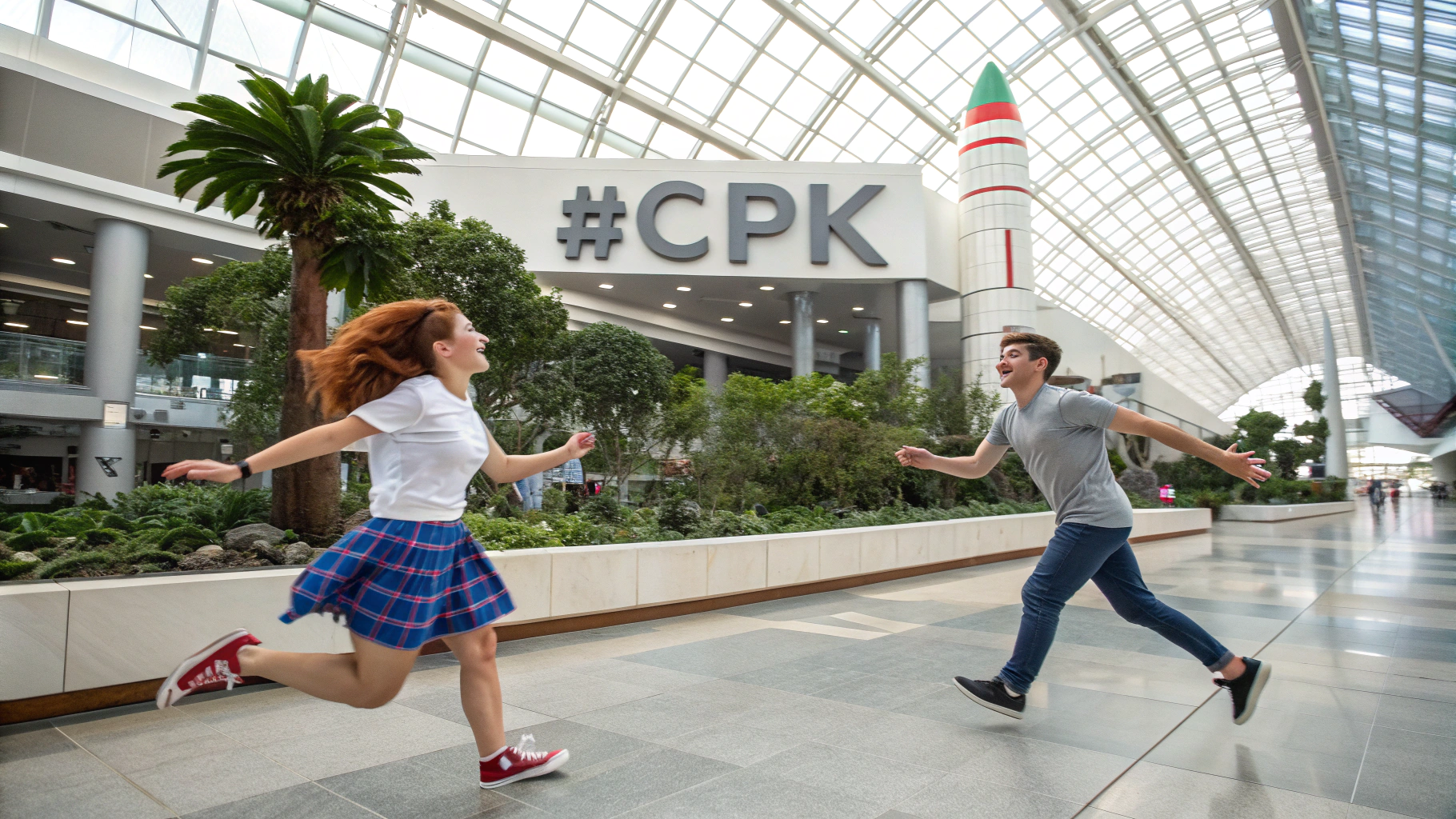 AI generated image by Red Panda AI: A photorealistic profile view of a futuristic airport arrivals hall, where a joyful young red-haired woman in a white t-shirt, a blue-and-red plaid mini skirt, and sneakers runs in from the left, and a young man in a grey t-shirt and jeans runs in from the right, both with arms open and running toward each other; the hall features exotic trees, a large "#CPK" sign on the wall, and a glass ceiling showing a rocket landing outside, vibrant lighting