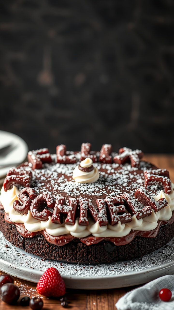 AI generated image by FLUX.1-schnell: black forest gateau cake spelling out the words "FLUX SCHNELL", tasty, food photography, dynamic shot