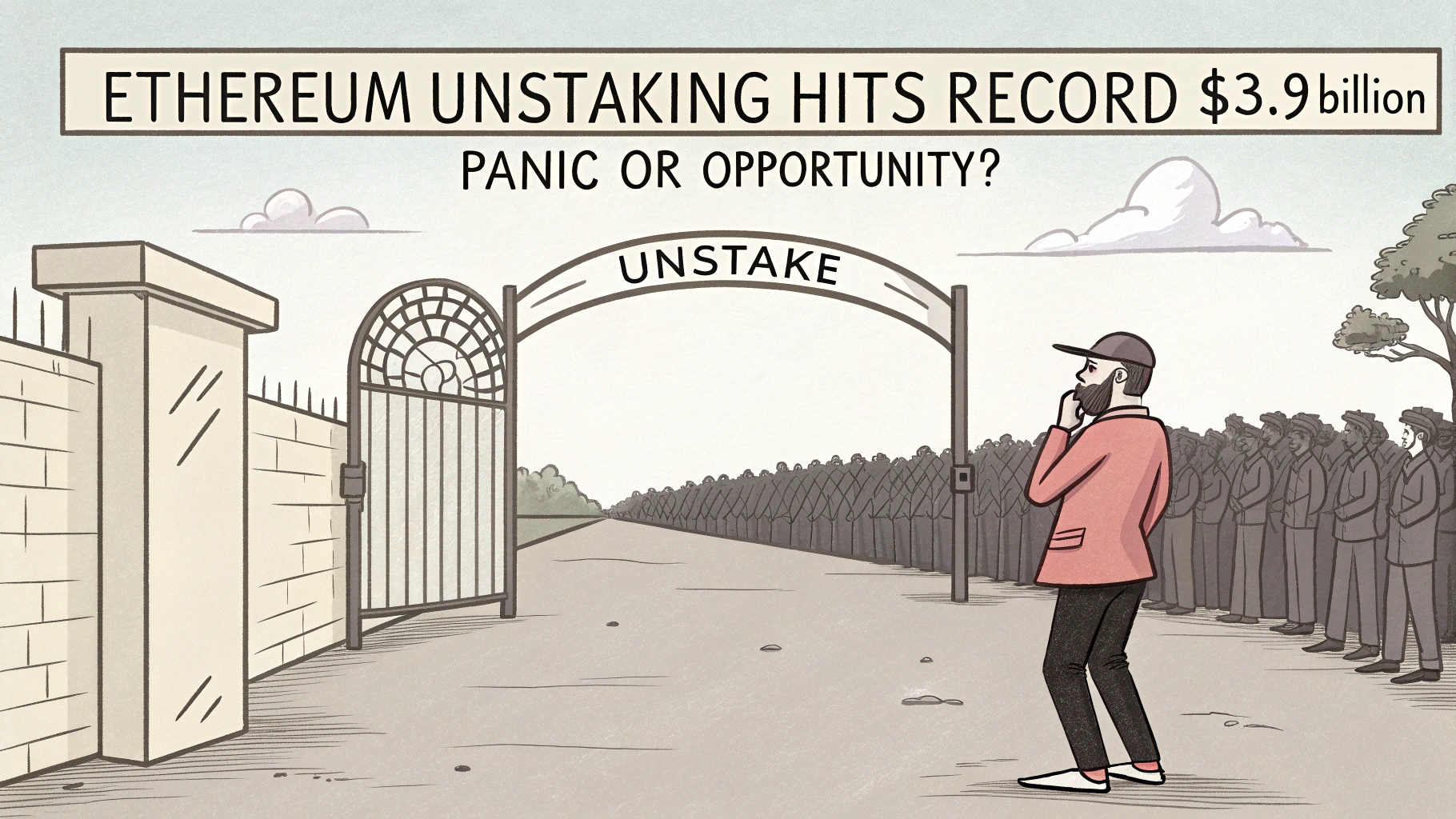 AI generated image by Red Panda AI: 

Comic style, a guy seeing a arc gate call "Unstake" from far, and a long queue is waiting to pass that gate, so the guy is very confuse and wondering

try to insert this title:"ETHEREUM UNSTAKING HITS RECORD $3.9 BILLION—PANIC OR OPPORTUNITY?"