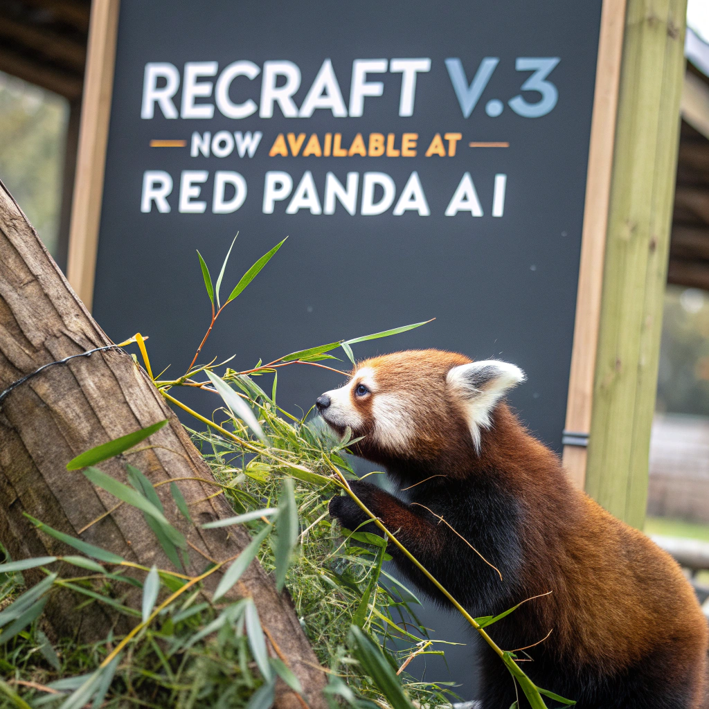 AI generated image by Red Panda AI: a red panda eating a bamboo in front of a poster that says "recraft V3 now available at red panda ai
