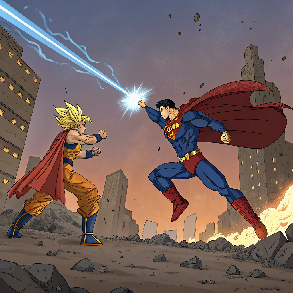 AI generated image by Red Panda AI: "Una épica escena de batalla entre Son Goku y Superman, dibujada en estilo cómic clásico. Goku, en su forma de Super Saiyan, lanza un poderoso Kamehameha azul brillante, mientras Superman usa su visión de calor con rayos rojos intensos que chocan con el ataque de Goku. Ambos están en el aire, rodeados de una ciudad en ruinas por los impactos de la pelea. Nubes de polvo y escombros vuelan por todas partes, y el cielo tiene tonos anaranjados y púrpuras por el atardecer. Goku tiene una expresión de esfuerzo intenso, con su cabello dorado brillando, mientras que Superman luce decidido, con su capa roja ondeando en el viento. El estilo debe tener líneas marcadas, sombras dramáticas y colores vibrantes como los de los cómics de los años 90