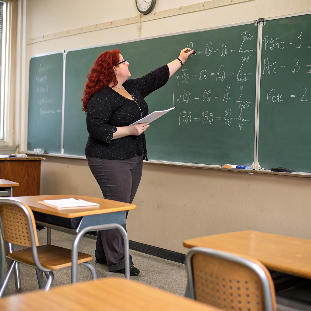 AI generated image by Red Panda AI: Sexy voluptuous red head woman teacher in her early thirties giving a class of mathematics in a classroom, alone, full body