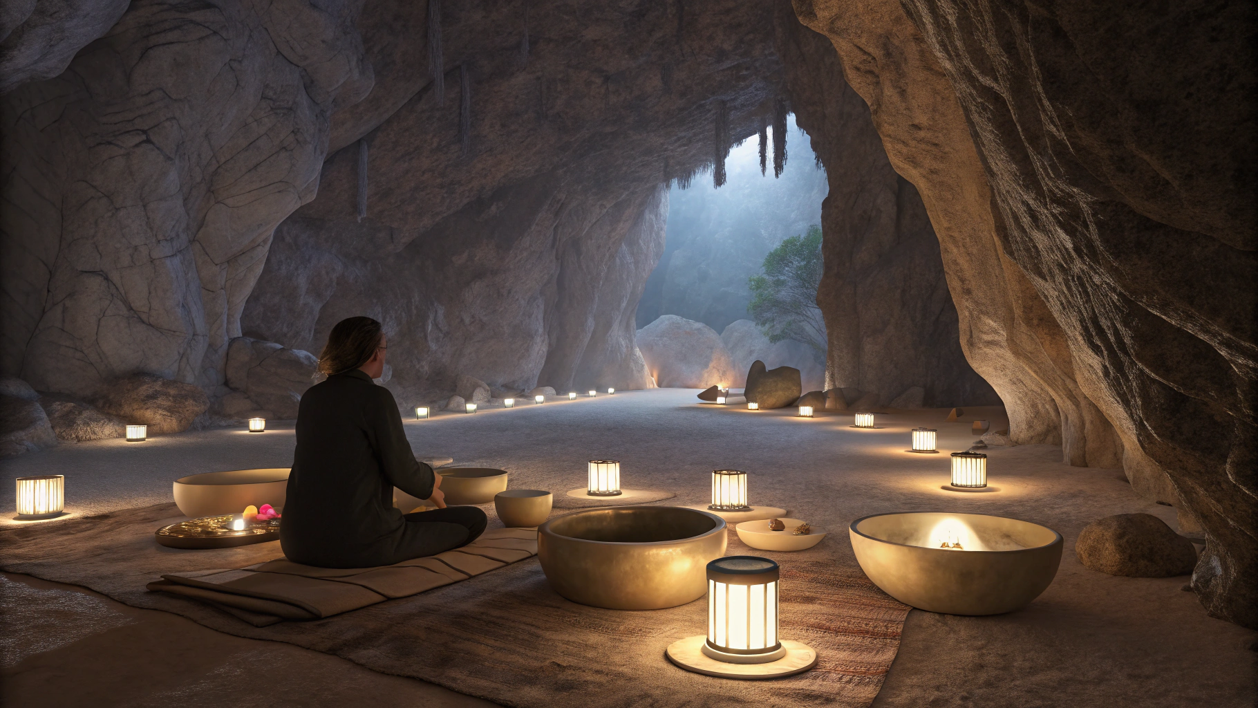 AI generated image by Red Panda AI:  retreat set in a mountain cave illuminated by soft candlelight, where a sound healer uses crystal bowls to create a meditative atmosphere. The natural rock formations of the cave amplify the vibrations, filling the space with resonant, calming sound.”
