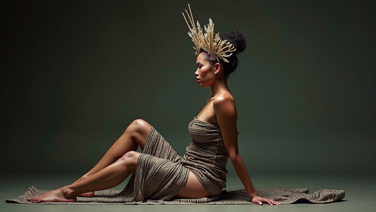 AI generated image by FLUX.1: Futuristic imaginary cinematic video, a woman wrapped in ikat cloth from East Nusa Tenggara with very detailed local texture covering her sexy body, on her head there is an art decoration, high art decoration is very detailed and very clearly visible, her legs are visible, barefoot, highlighting from toe to head, 4k