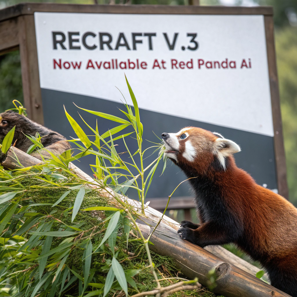 AI generated image by Red Panda AI: a red panda eating a bamboo in front of a poster that says "recraft V3 now available at red panda ai