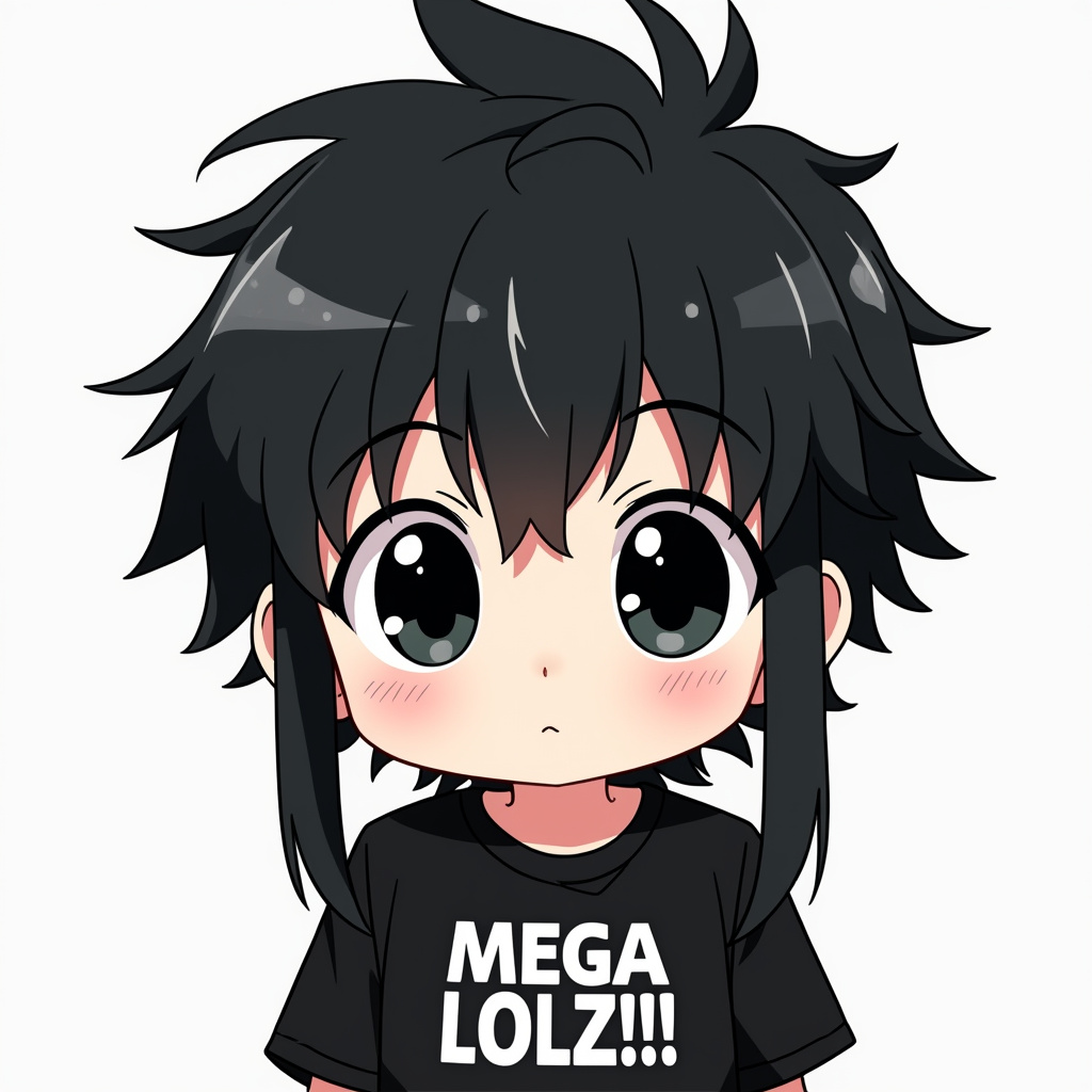 AI generated image by FLUX.1-pro: A chibi-style anime medium shot of a cute boy with ultra kawaii appearance. He has giant black eyes with white highlights and long straight black hair with spiky edges and bangs like an anime bishonen. He is wearing a black t-shirt with "MEGA LOLZ!!!" text in white letters centered. The background is white.