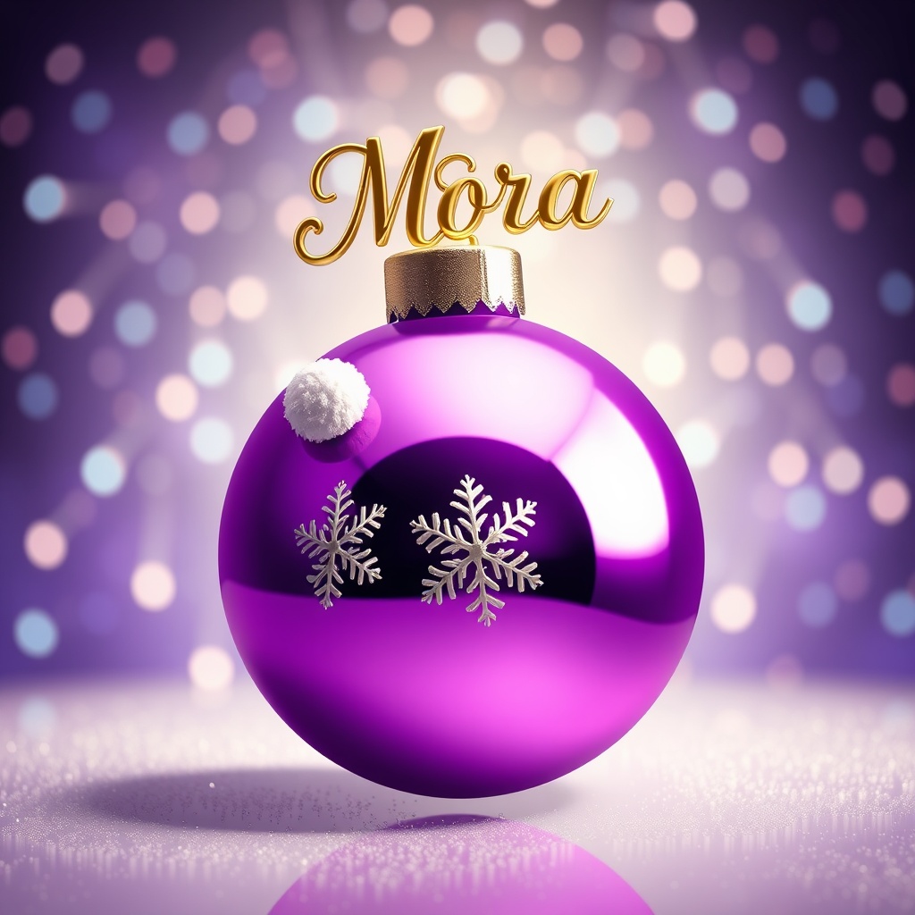 AI generated image by FLUX.1-schnell: A stunning and captivating 3D hyperrealistic painting in a Pixar-esque style, featuring a large, plump purple Christmas ornament. The ornament is meticulously decorated with a small white snowflake and a white Santa Claus hat. The name "Mora" is elegantly written in golden script, adorning the top of the ornament. The background is a mesmerizing magical gradient, filled with twinkling LED lights that add a touch of enchantment to the scene. Less
